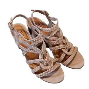 Y NOT? Braided Beige wedge sandals size 8.5 Dressy Strappy Sandles Barely EUC